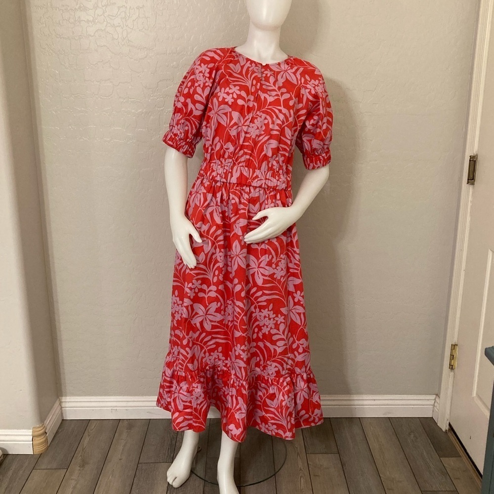 Voyageur By Mersea Hedy Tropical Floral Vine Puff Sleeve Tiered Midi Dress Sz M - Picture 2 of 15